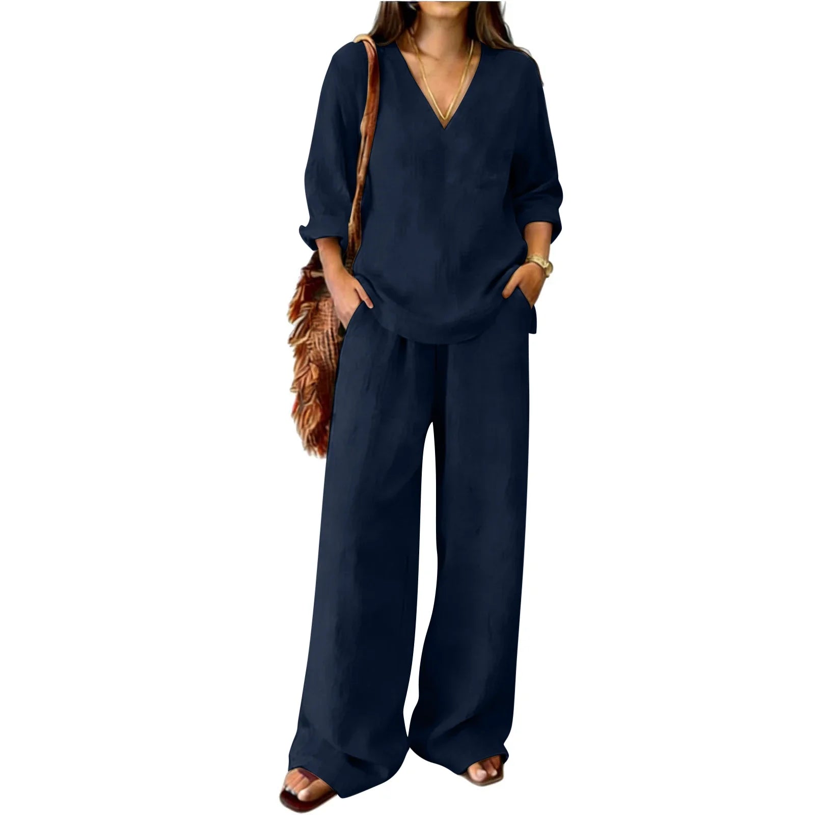 Susanne Khaki Leinen Zweiteiler V-Ausschnitt Tunika und Weithose für Damen | Eleganter Komfort | Sommerurlaub und Alltag - S-XXL