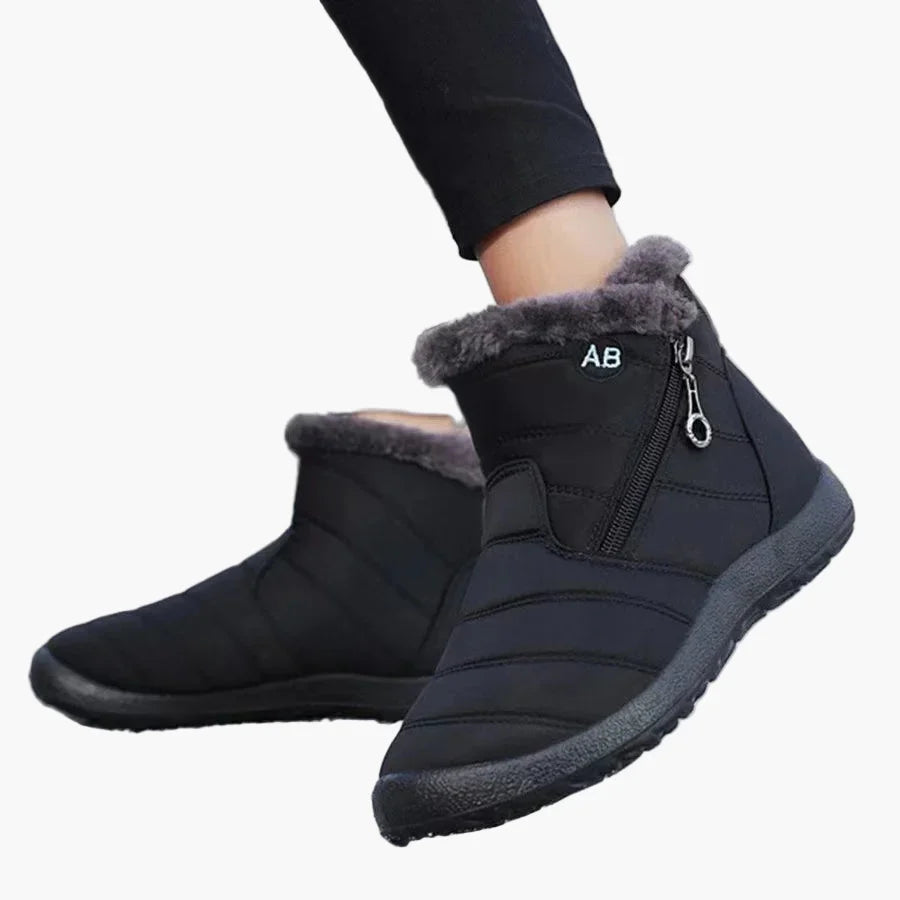 Ursula Schwarz Wasserdichte Gefütterte Winterstiefel für Damen | Steppoptik Kunstfell-Kragen Flache Sohle - EU 35-44