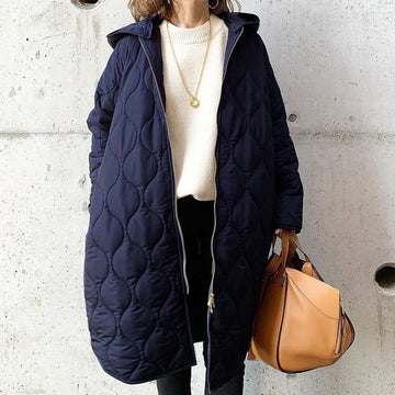 Vreni Blau Gesteppter Wintermantel mit Kapuze für Damen | Midi Casual Stil - Einheitsgrösse