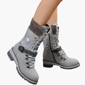 Elisabeth Grau Gefütterte Outdoor-Schnürstiefel für Damen | Warmfutter Profilsohle Strickabschluss Winter - EU 36-43