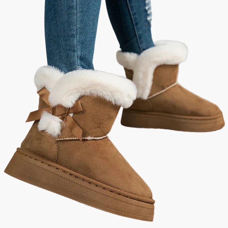 Annemarie Braun Veloursleder-Optik Kunstfell-Winterstiefel für Damen | Plateau Schleife Winter Casual - EU 36-44