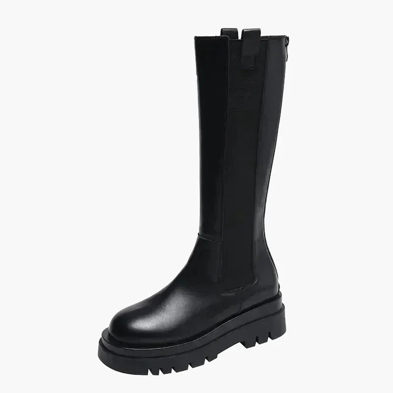 Vreni Schwarz Kniehohe Leder-Optik Plateau-Stiefel für Damen | Chunky-Sohle Stretcheinsatz Herbst Winter - EU 35-41
