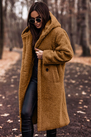 Monika Grün Langer Sherpa Teddy-Mantel mit Kapuze für Damen | Oversized Wintermantel Casual - M/L/XL/2XL/3XL
