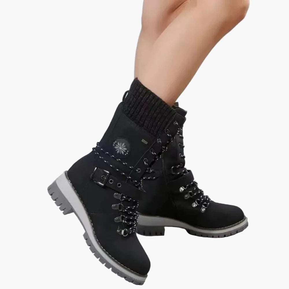 Elisabeth Grau Gefütterte Outdoor-Schnürstiefel für Damen | Warmfutter Profilsohle Strickabschluss Winter - EU 36-43