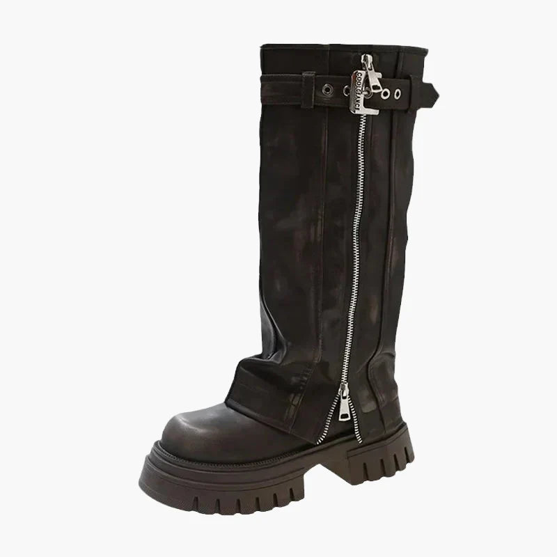 Heidi Schwarz Plateau Stiefel mit Reissverschluss für Damen | Leder-Optik Schnalle Urban Stil - EU 35/36/37/38/39/40