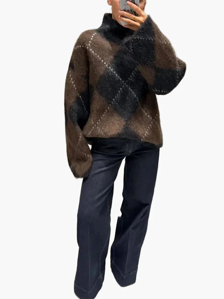 Monika Braun Oversized Argyle-Rautenmuster Flauschiger Pullover für Damen | Winter Casual Vintage Stil - S/M/L