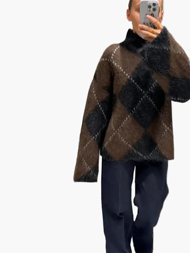 Monika Braun Oversized Argyle-Rautenmuster Flauschiger Pullover für Damen | Winter Casual Vintage Stil - S/M/L