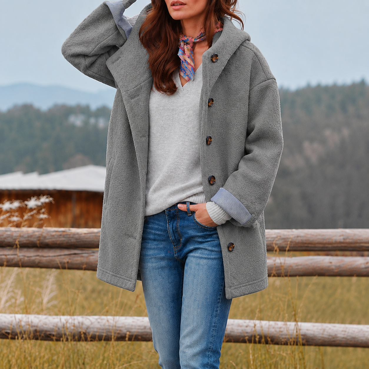 Silvia Grün Flauschiger Damenmantel mit Schalkragen und Knöpfen für Damen | Herbst Winter Casual - S/M/L/XL/2XL/3XL