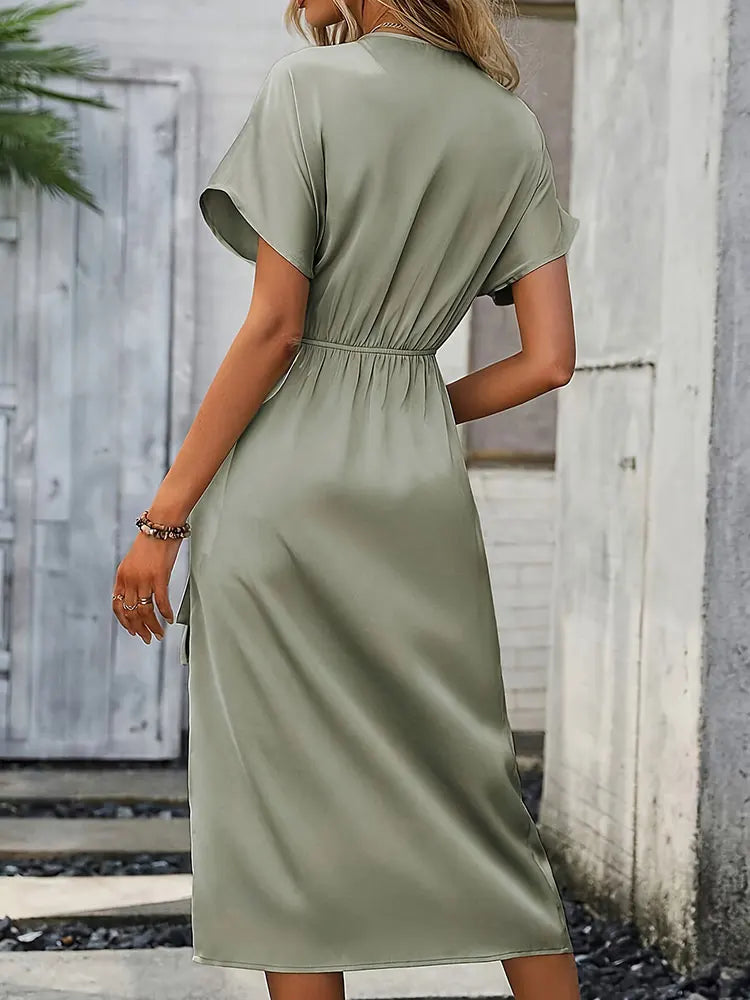 Monika Salbeigrün Wickelkleid mit Bindegürtel für Damen | Figurbetonend Elegant | Sommer | V-Ausschnitt - S-3XL