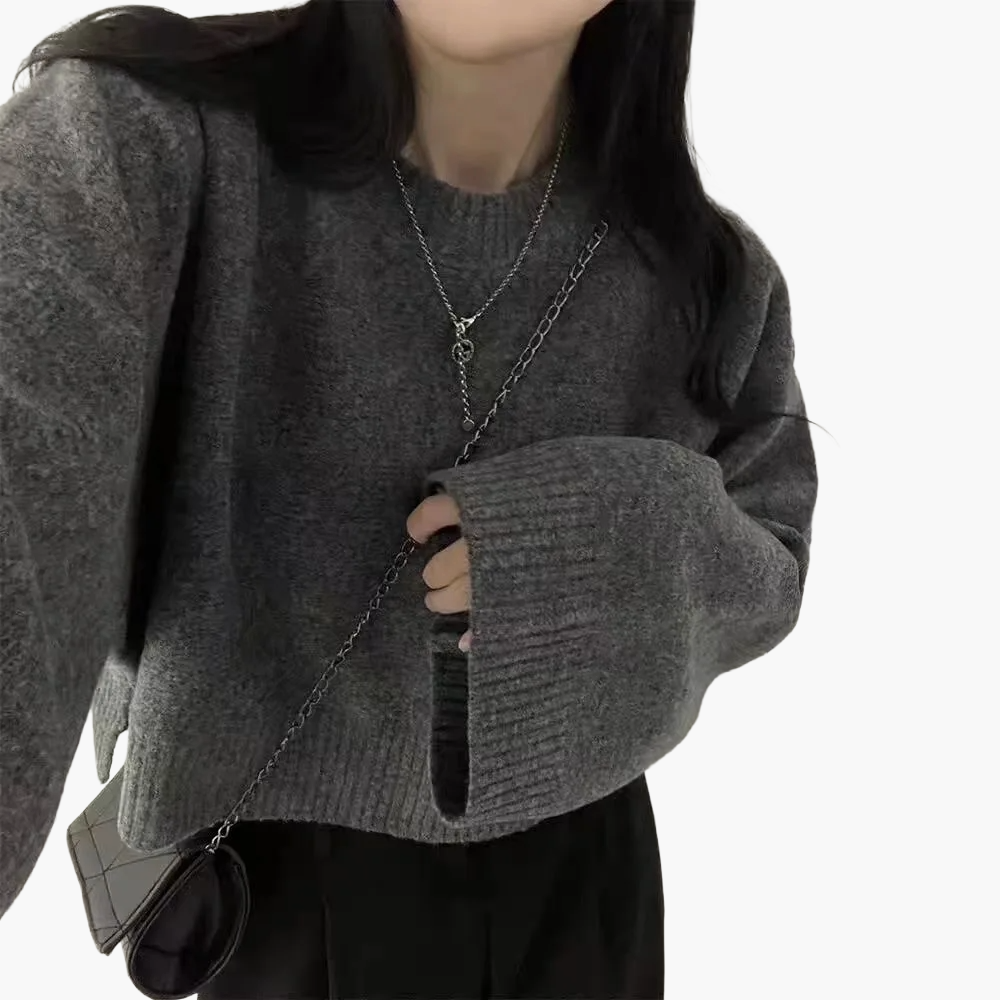 Beatrice Blau Oversized Cropped Strickpullover für Damen | Rundhalsausschnitt Casual Alltag - Einheitsgrösse