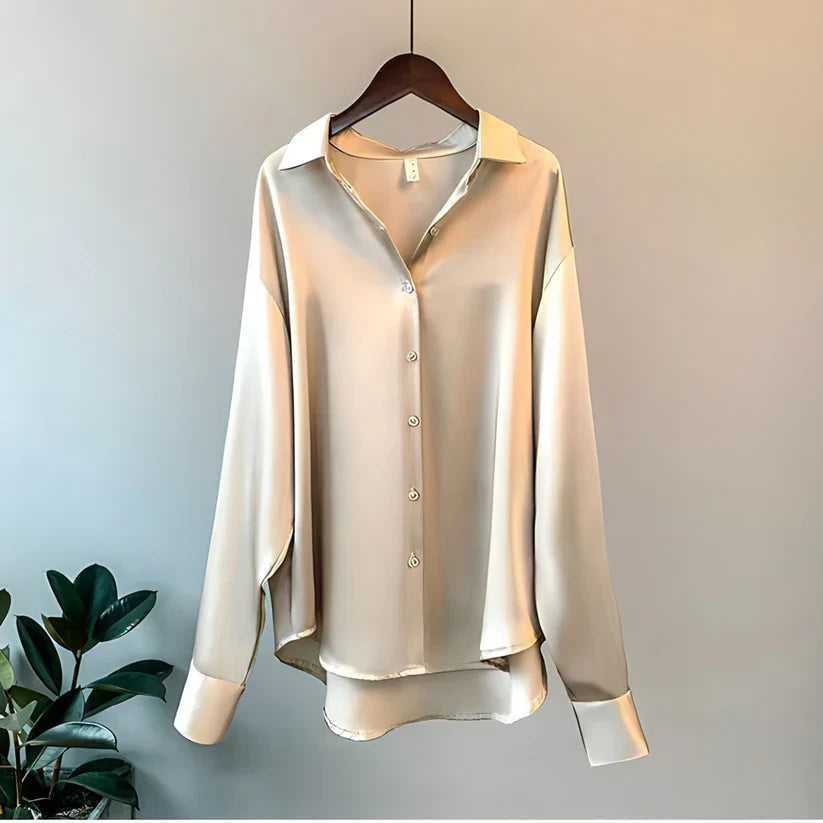 Brigitte Beige Satin-Bluse mit Kragen für Damen | Elegante Langarm Button-Down Bluse - S/M/L/XL/2XL/3XL