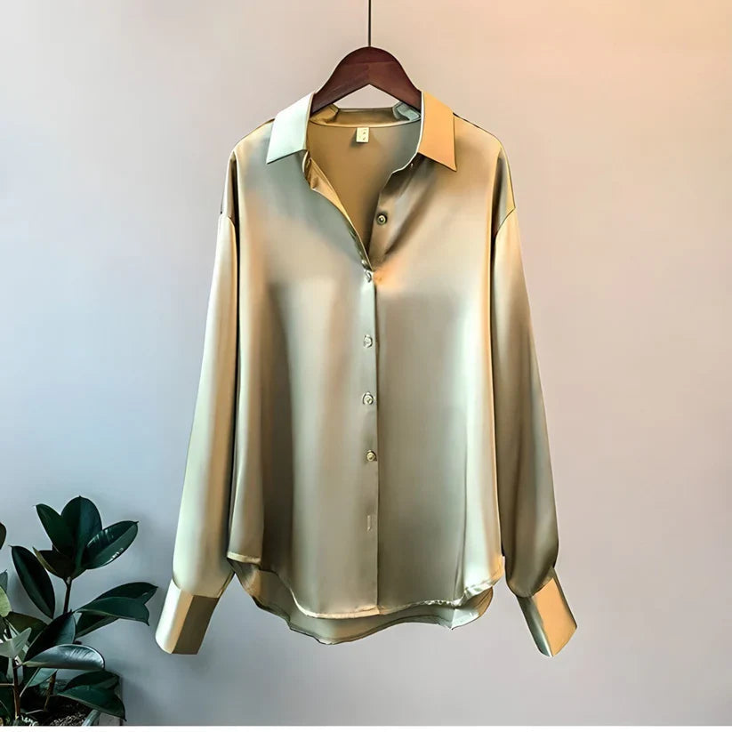 Brigitte Beige Satin-Bluse mit Kragen für Damen | Elegante Langarm Button-Down Bluse - S/M/L/XL/2XL/3XL