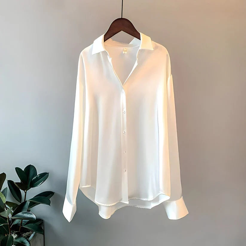 Brigitte Beige Satin-Bluse mit Kragen für Damen | Elegante Langarm Button-Down Bluse - S/M/L/XL/2XL/3XL