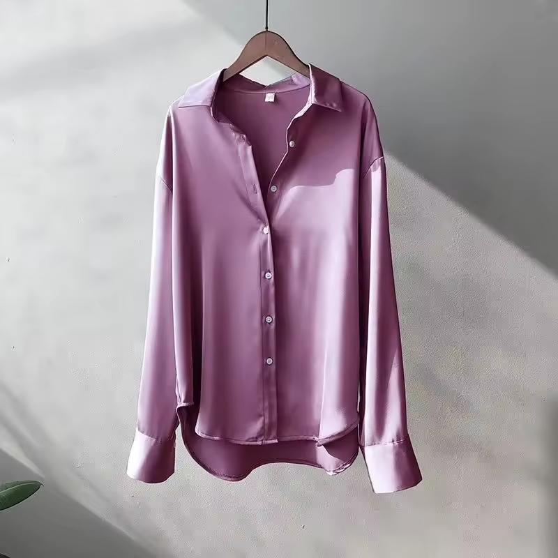 Brigitte Beige Satin-Bluse mit Kragen für Damen | Elegante Langarm Button-Down Bluse - S/M/L/XL/2XL/3XL