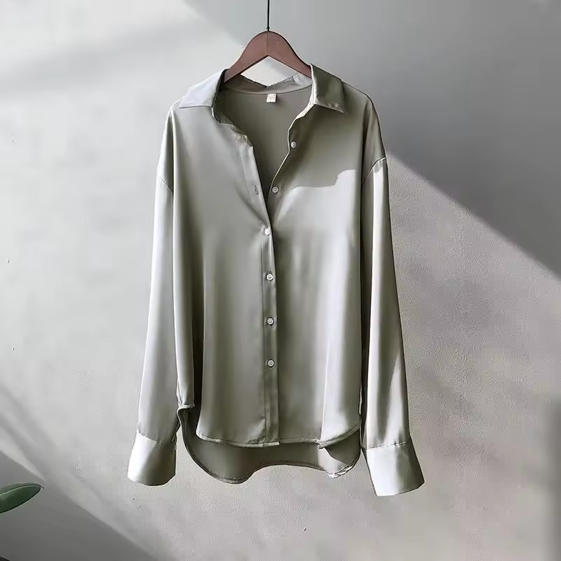 Brigitte Beige Satin-Bluse mit Kragen für Damen | Elegante Langarm Button-Down Bluse - S/M/L/XL/2XL/3XL