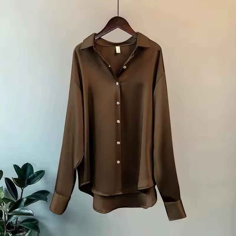 Brigitte Beige Satin-Bluse mit Kragen für Damen | Elegante Langarm Button-Down Bluse - S/M/L/XL/2XL/3XL