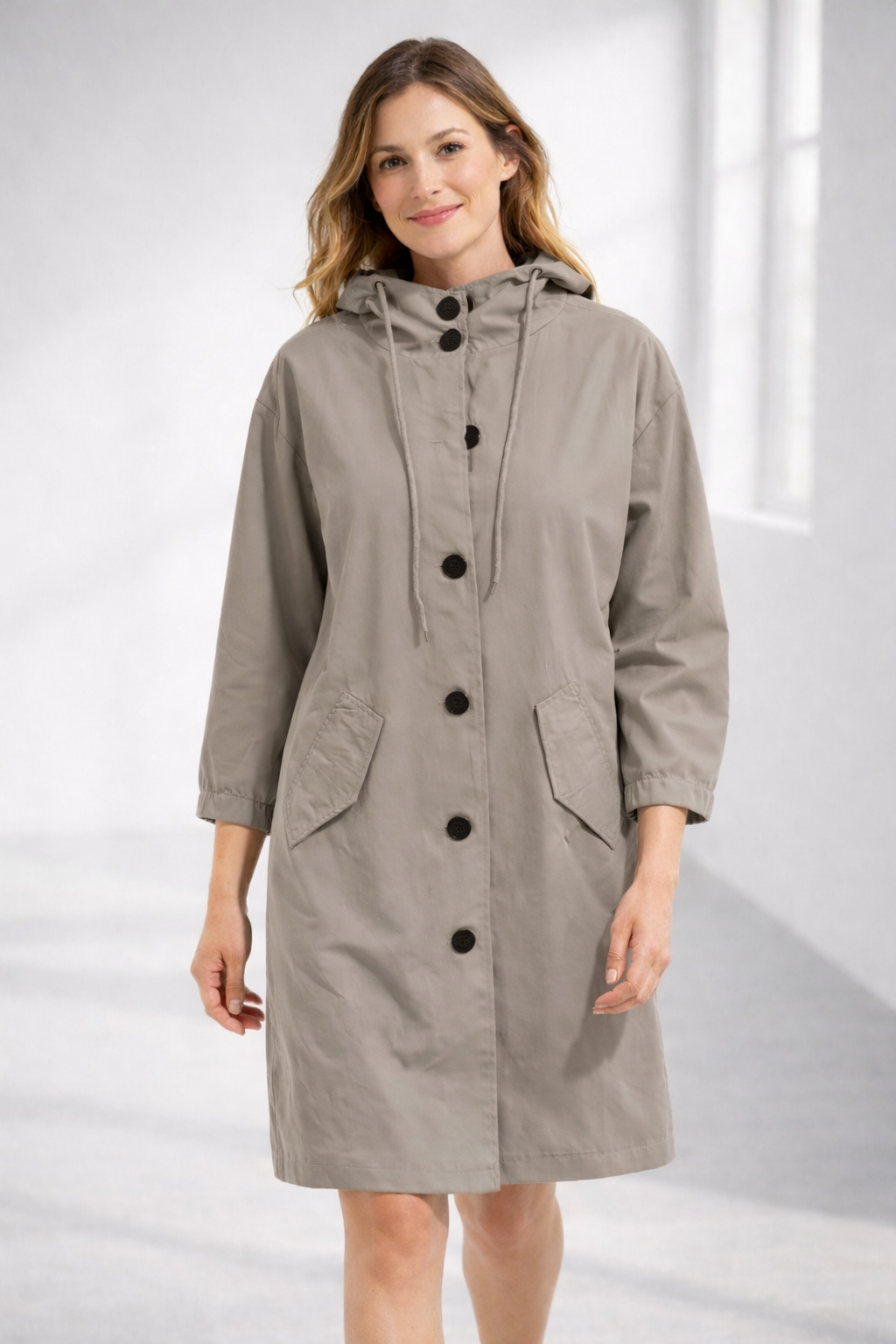 Änne Türkis Mittellange Kapuzenjacke mit Knopfleiste für Damen | Locker Casual Übergangszeit - S/M/L/XL/2XL/3XL/4XL