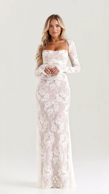 Sophie Damen Kleid | Elegantes Abendkleid Lang mit Spitzenmuster, Ideal für Hochzeitsgast 0
