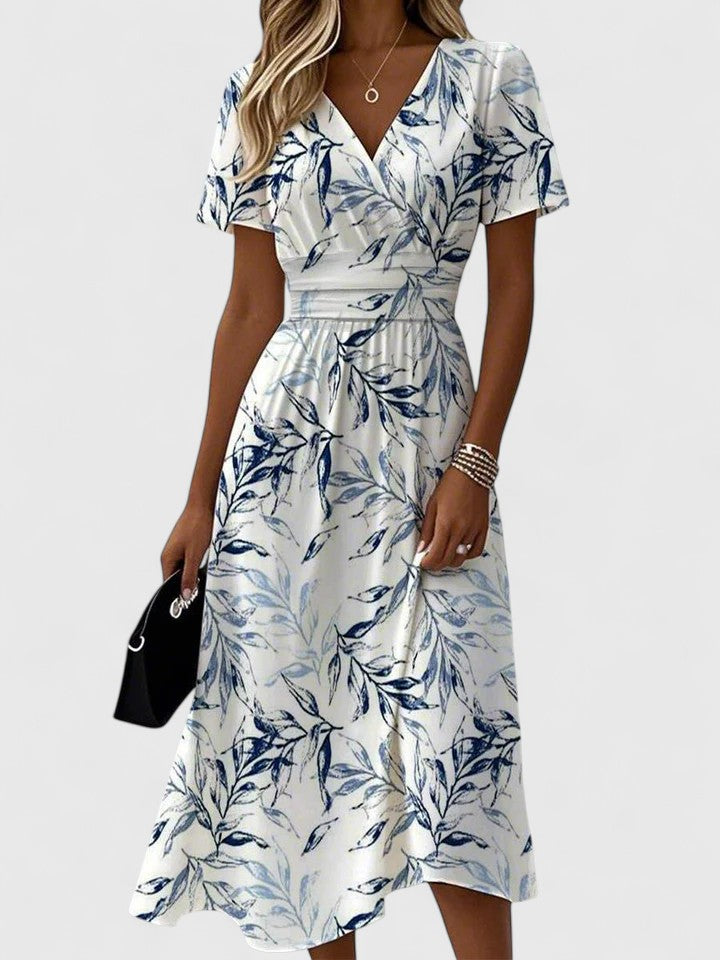 Sophie Damen Sommerkleid | V-Ausschnitt, Blättermuster, A-Linie 0