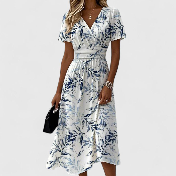 Sophie Damen Sommerkleid | V-Ausschnitt, Blättermuster, A-Linie 0
