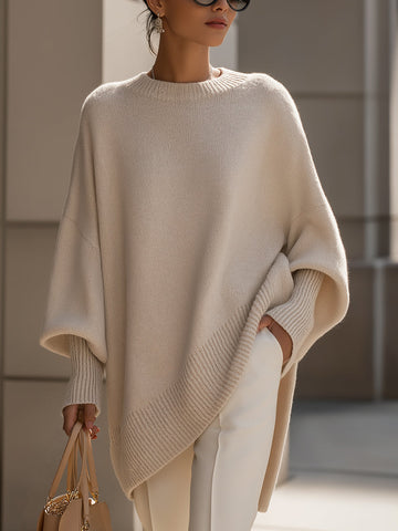 Elsbeth Beige Oversized Strickpullover für Damen | Fledermausärmel Rundhals Casual Herbst Stil - S/M/L/XL