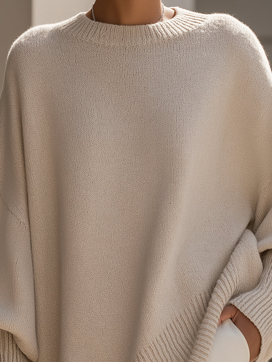 Elsbeth Beige Oversized Strickpullover für Damen | Fledermausärmel Rundhals Casual Herbst Stil - S/M/L/XL