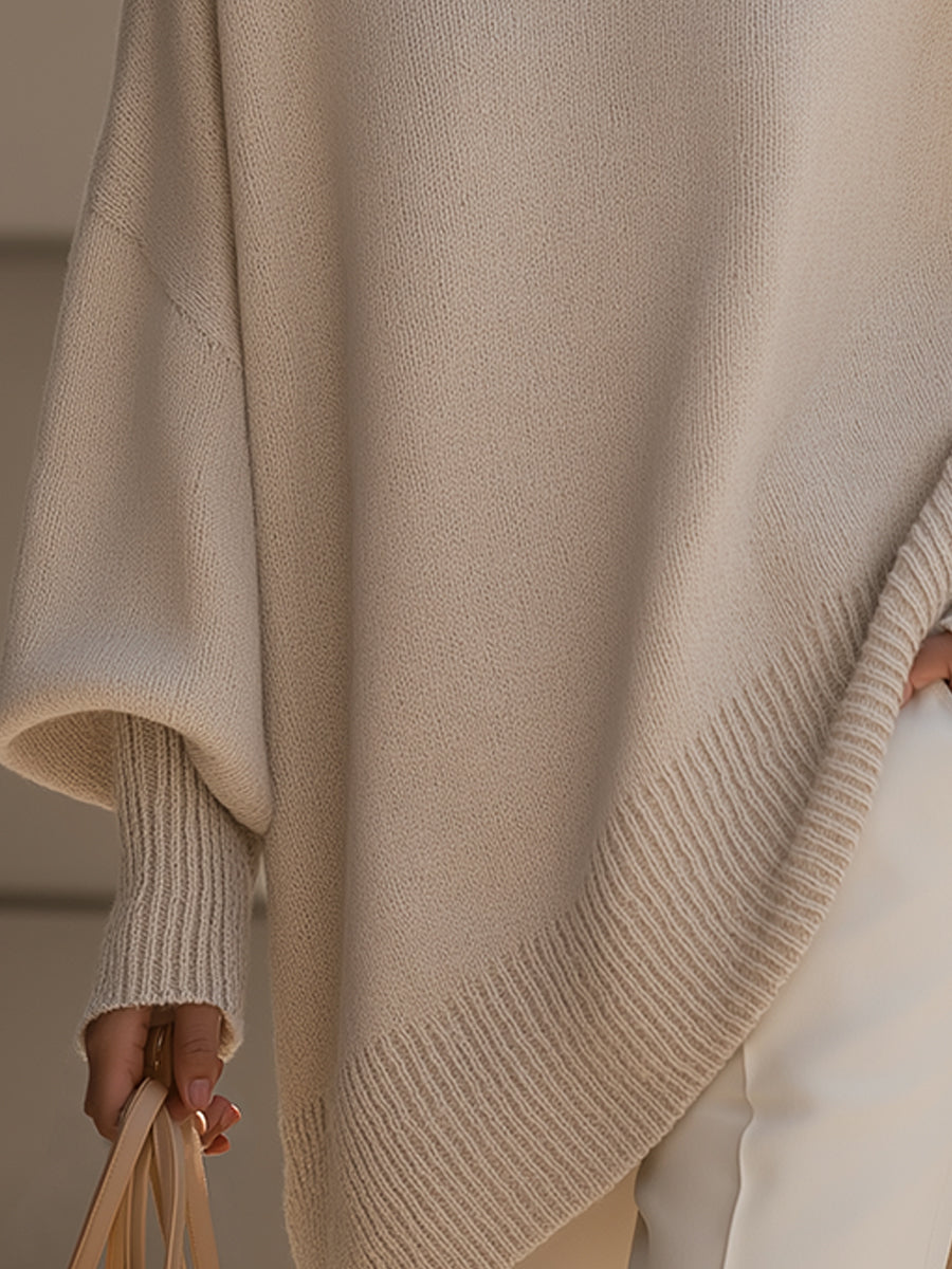 Elsbeth Beige Oversized Strickpullover für Damen | Fledermausärmel Rundhals Casual Herbst Stil - S/M/L/XL