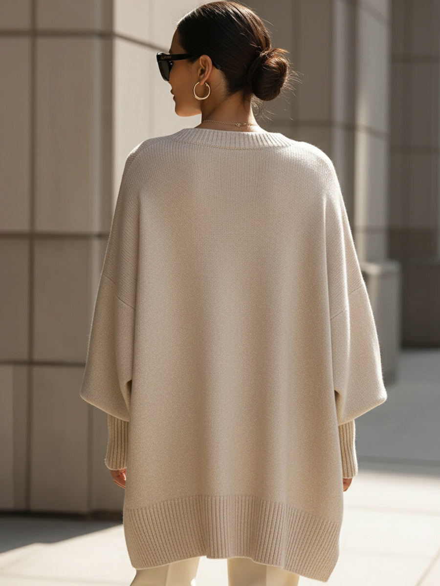Elsbeth Beige Oversized Strickpullover für Damen | Fledermausärmel Rundhals Casual Herbst Stil - S/M/L/XL