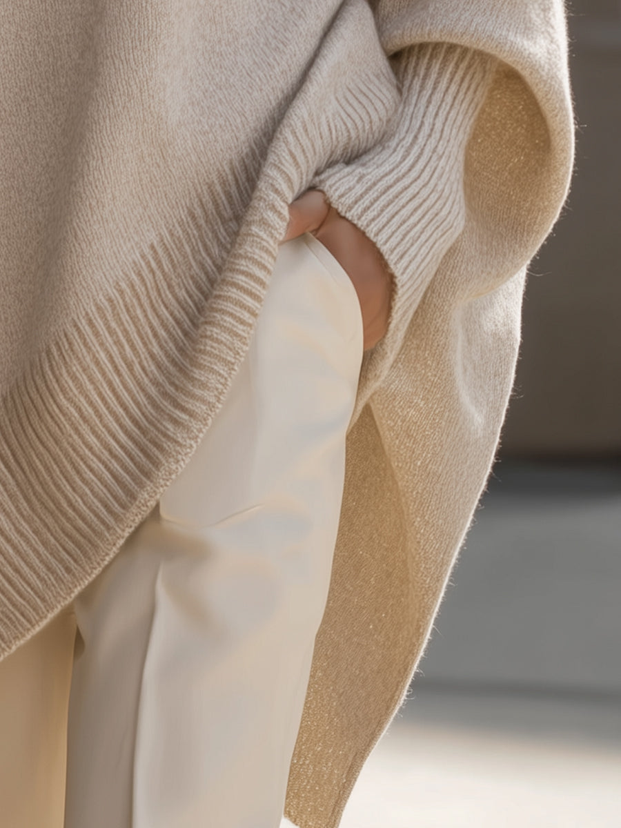 Elsbeth Beige Oversized Strickpullover für Damen | Fledermausärmel Rundhals Casual Herbst Stil - S/M/L/XL