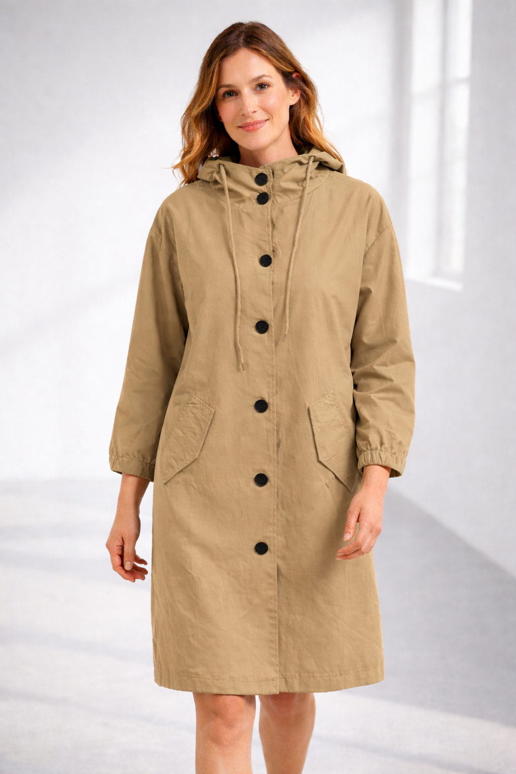 Änne Türkis Mittellange Kapuzenjacke mit Knopfleiste für Damen | Locker Casual Übergangszeit - S/M/L/XL/2XL/3XL/4XL
