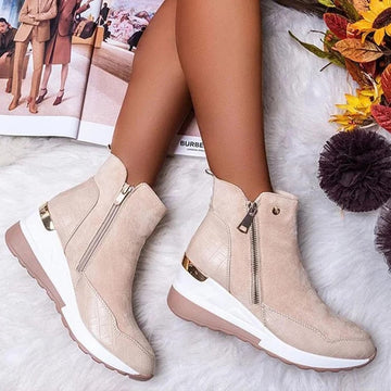 Vroni Beige Keil-Stiefelette mit Reissverschluss für Damen | Leichte Keilsohle Casual Fit | Herbst - 35-43