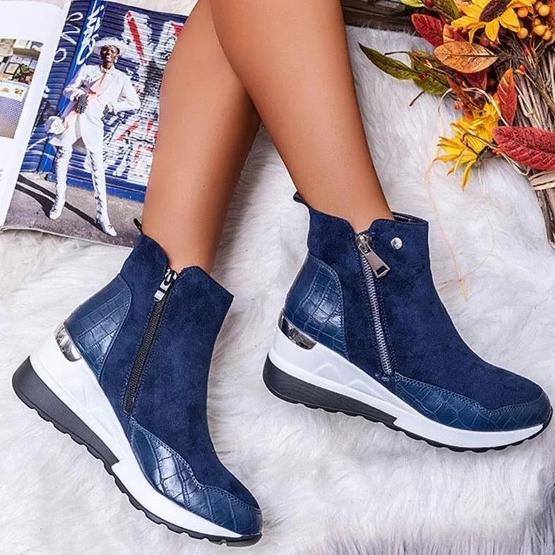 Vroni Beige Keil-Stiefelette mit Reissverschluss für Damen | Leichte Keilsohle Casual Fit | Herbst - 35-43