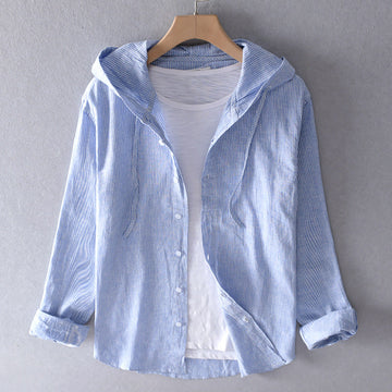 Monika Blau Gestreiftes Kapuzenhemd für Damen | Atmungsaktiv Leinenblend | Sommer Freizeit - M/L/XL/2XL/3XL