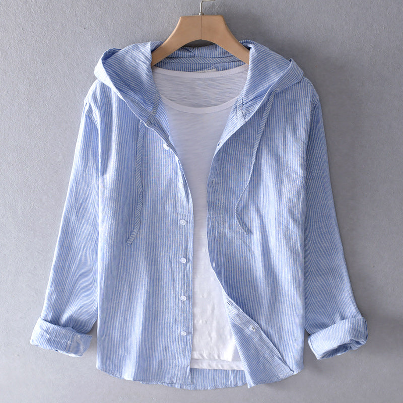 Monika Blau Gestreiftes Kapuzenhemd für Damen | Atmungsaktiv Leinenblend | Sommer Freizeit - M/L/XL/2XL/3XL