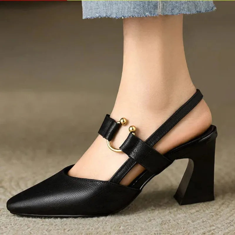 Ruth Schwarz Spitze Slingback-Pumps mit Blockabsatz für Damen | Goldener Schnallenverschluss Elegant - EU 35/36/37/38/39/40/41