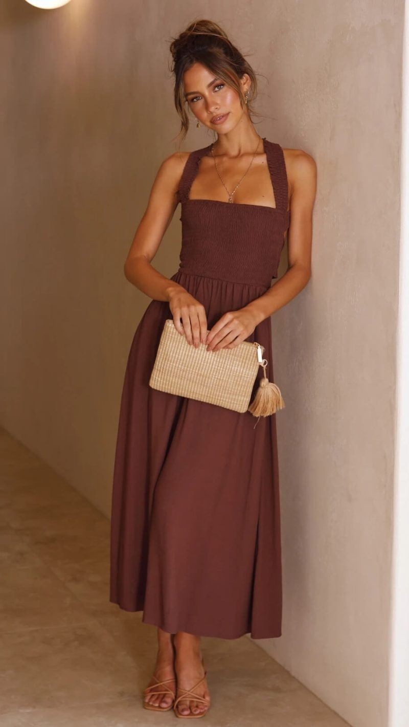 Monika Schwarz Smocked Square-Neck Midi Kleid für Damen | Eleganter A-Linien-Schnitt | Mit Taschen - S-XL