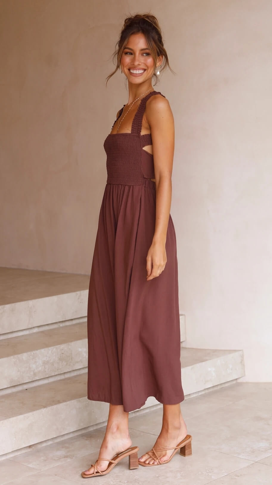 Monika Schwarz Smocked Square-Neck Midi Kleid für Damen | Eleganter A-Linien-Schnitt | Mit Taschen - S-XL