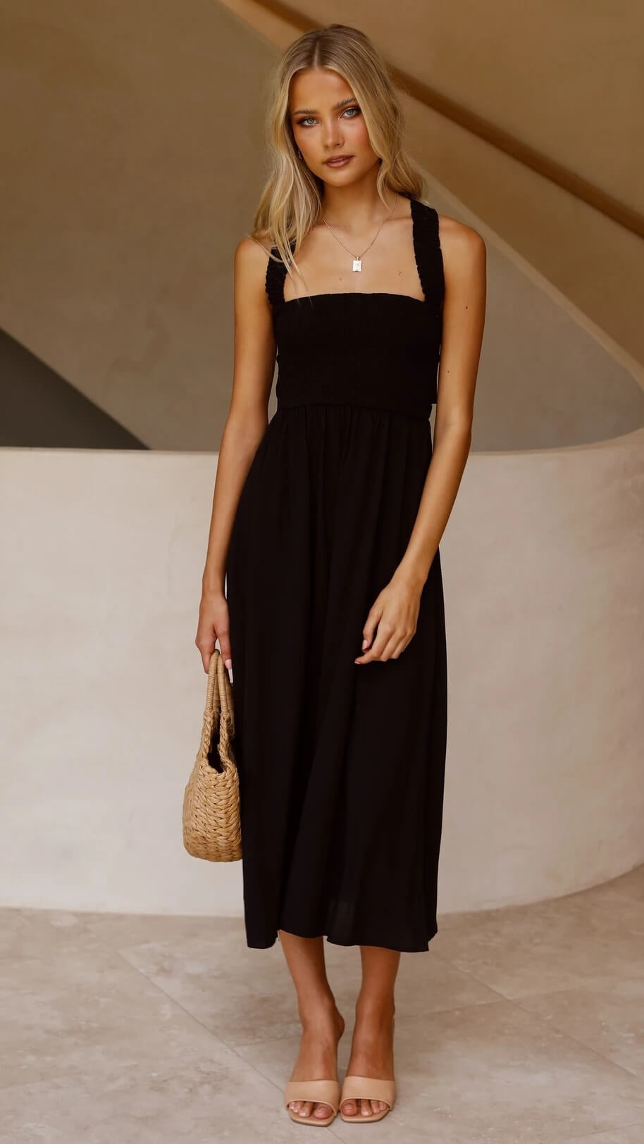 Monika Schwarz Smocked Square-Neck Midi Kleid für Damen | Eleganter A-Linien-Schnitt | Mit Taschen - S-XL