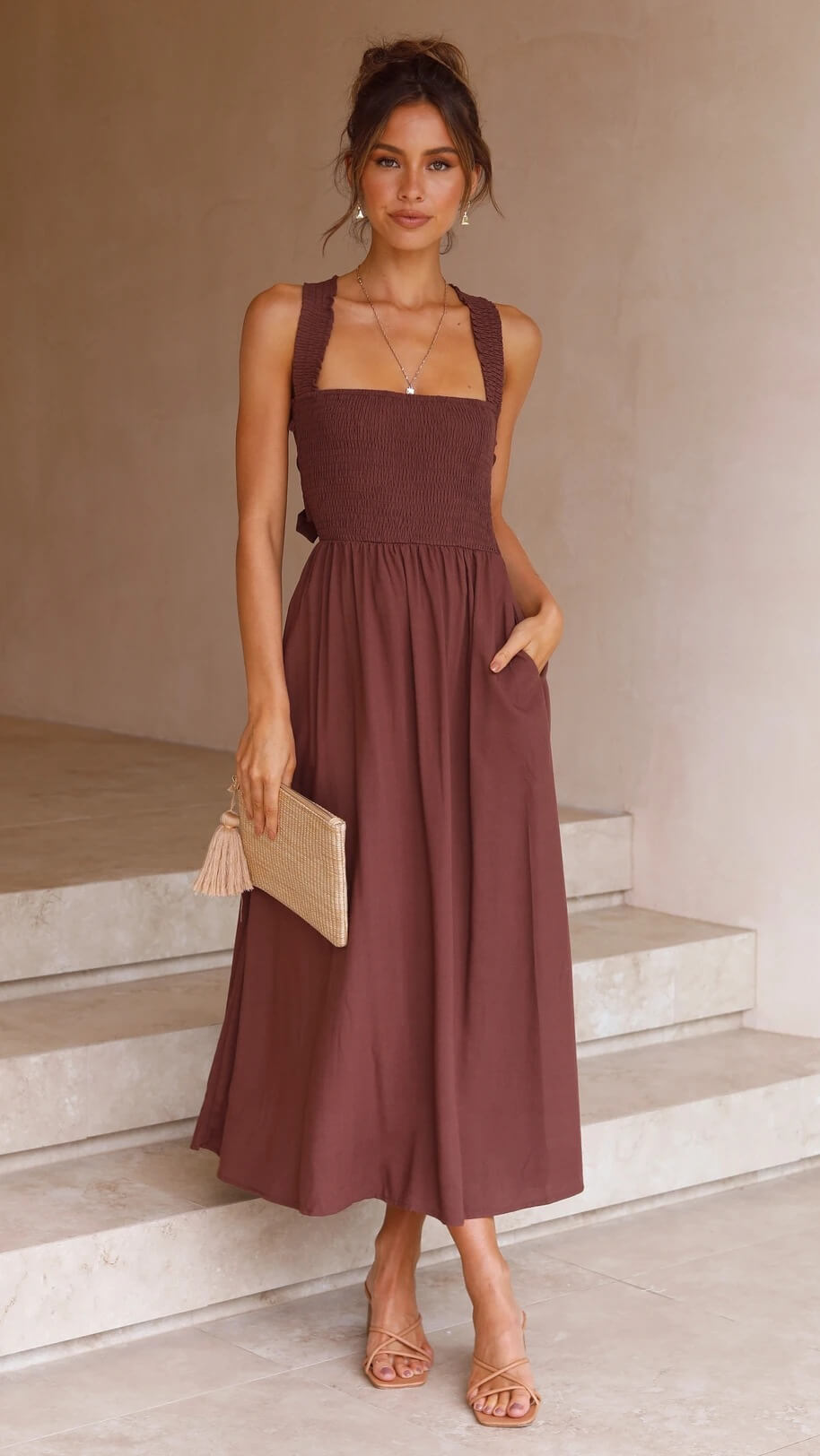 Monika Schwarz Smocked Square-Neck Midi Kleid für Damen | Eleganter A-Linien-Schnitt | Mit Taschen - S-XL
