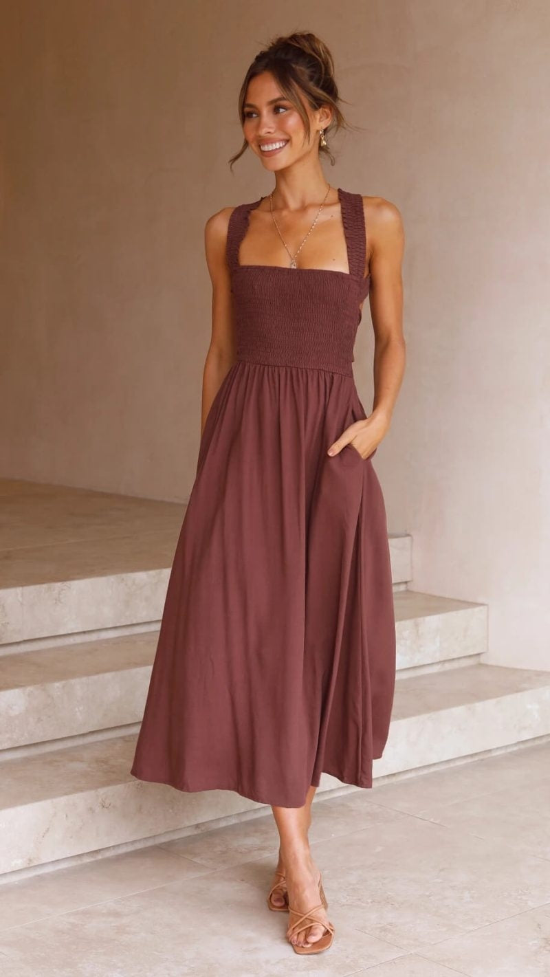 Monika Schwarz Smocked Square-Neck Midi Kleid für Damen | Eleganter A-Linien-Schnitt | Mit Taschen - S-XL