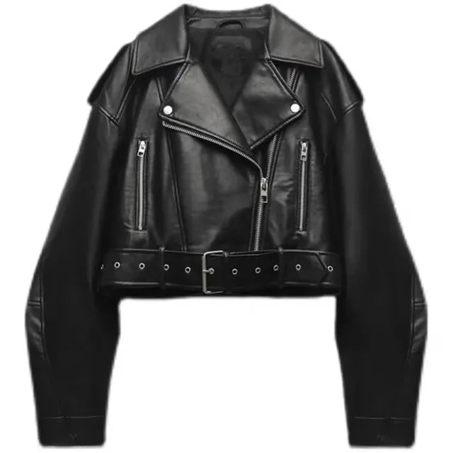 Nadja Schwarz Kurze Oversized Leder-Optik Bikerjacke für Damen | Vintage Casual Stil - XS/S/M/L/XL