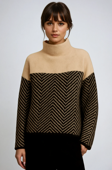 Lotte Beige Chevron Oversized Rollkragenpullover für Damen | Herbst Winter Casual Stil - XS/S/M/L/XL/2XL
