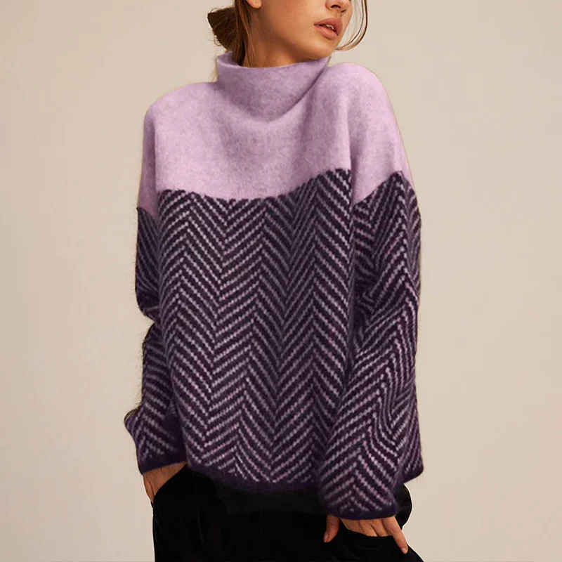 Lotte Beige Chevron Oversized Rollkragenpullover für Damen | Herbst Winter Casual Stil - XS/S/M/L/XL/2XL