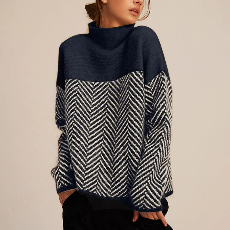 Lotte Beige Chevron Oversized Rollkragenpullover für Damen | Herbst Winter Casual Stil - XS/S/M/L/XL/2XL