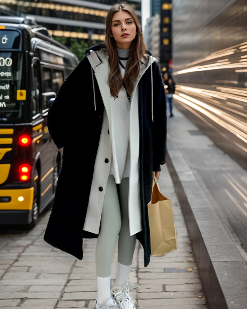 Veronika Weiss Oversized Langer Kapuzenmantel für Damen | Zweifarbig Sherpa-Optik Winter Casual - S/M/L/XL/2XL