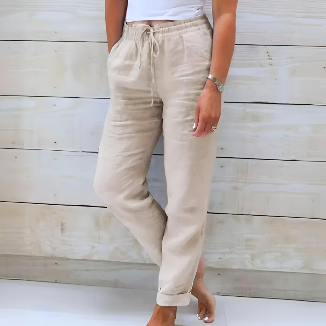 Elsbeth Blau Leinen Straight-Leg Hose für Damen | Elastischer Kordelzugbund | Sommer Alltag - S-5XL