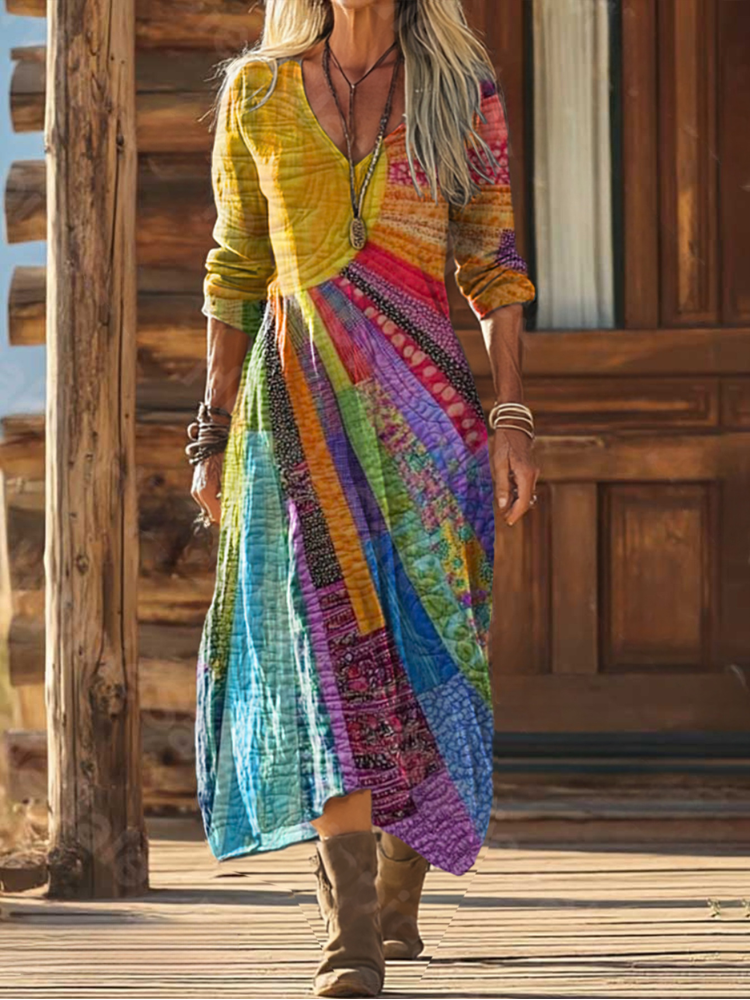 Rosemarie Mehrfarbig Boho Patchwork Maxikleid für Damen | Leicht Fliessend | Sommer & Urlaub - S-5XL