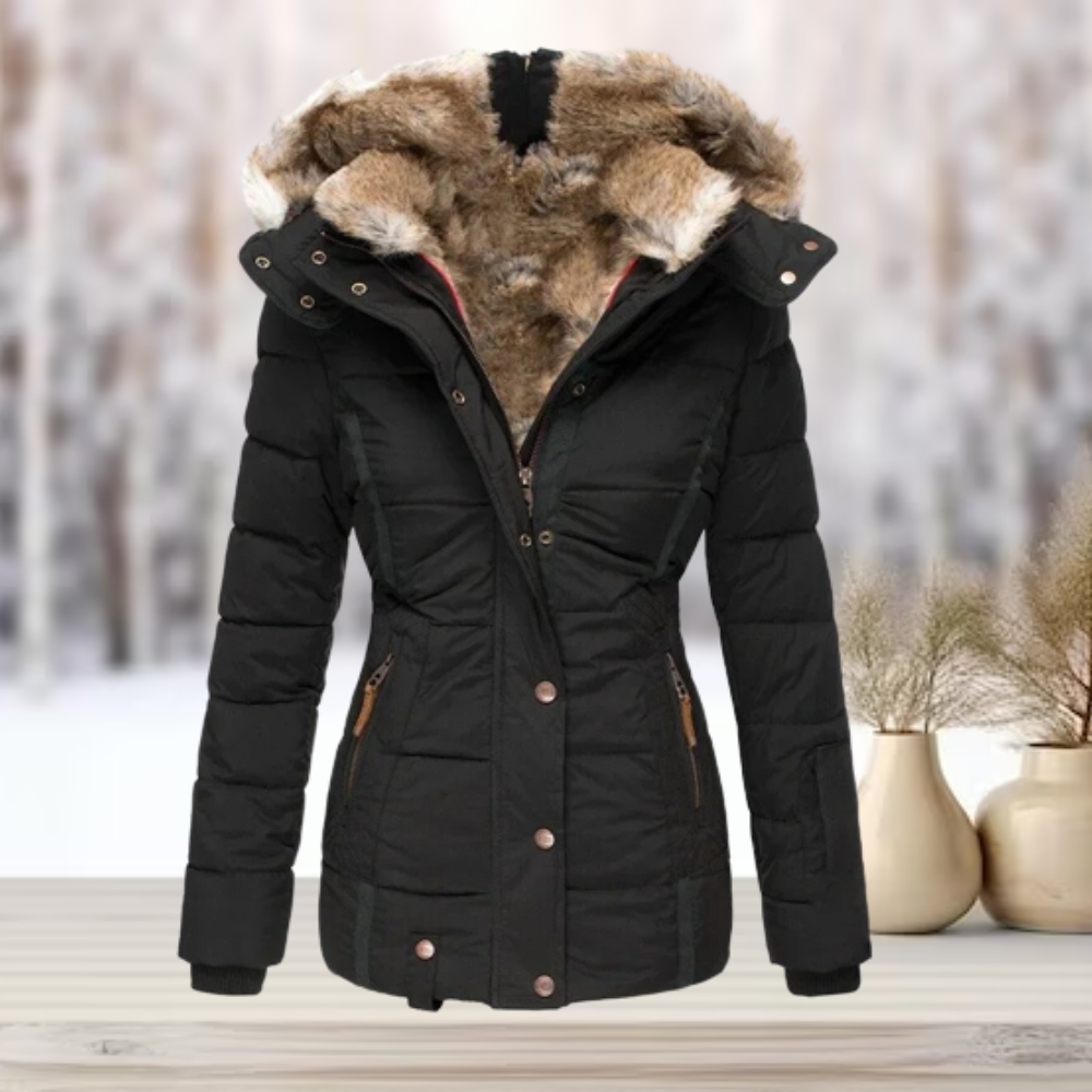 Lore Aprikose Gesteppte Winterjacke mit Kunstfell-Kapuze für Damen | Tailliert Winter Casual - S/M/L/XL/2XL/XXXL/4XL/5XL
