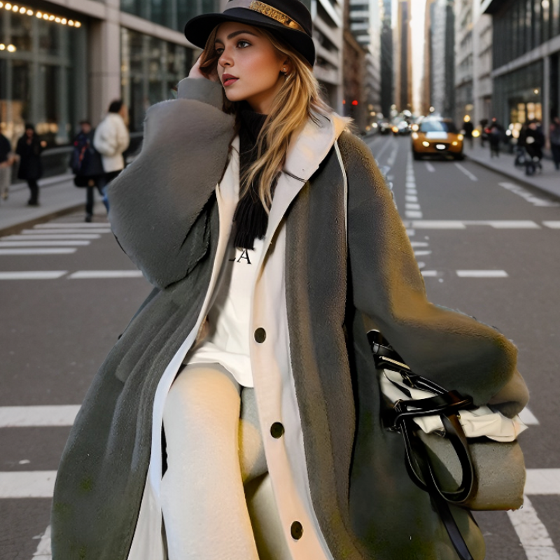 Veronika Weiss Oversized Langer Kapuzenmantel für Damen | Zweifarbig Sherpa-Optik Winter Casual - S/M/L/XL/2XL