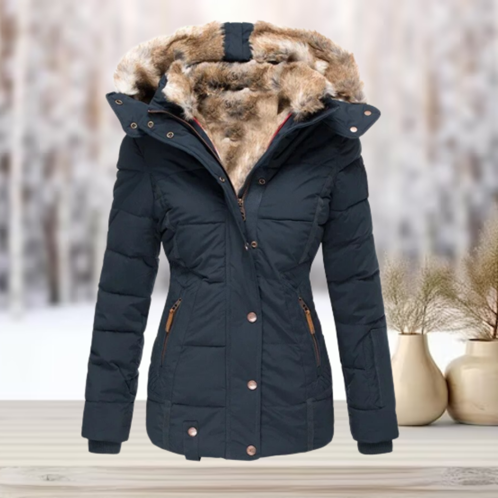 Lore Aprikose Gesteppte Winterjacke mit Kunstfell-Kapuze für Damen | Tailliert Winter Casual - S/M/L/XL/2XL/XXXL/4XL/5XL